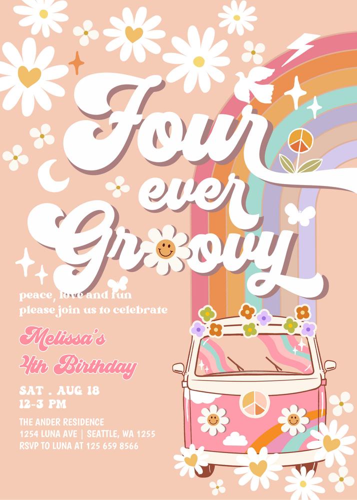 Four Ever Groovy 4th Birthday Invite | Retro Daisy Canva Template