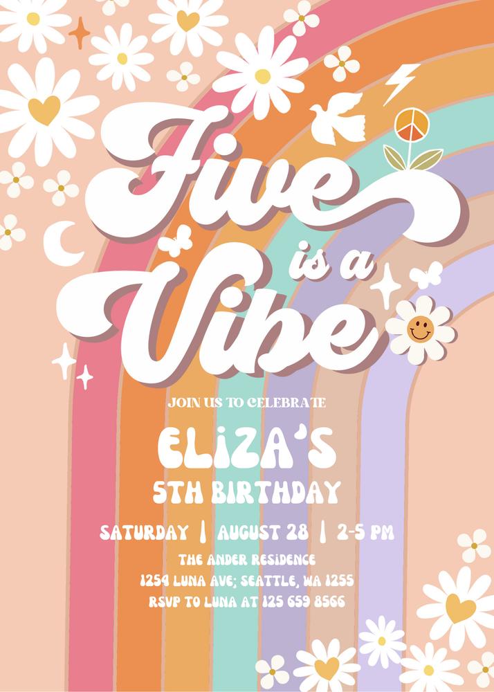 Groovy 5th Birthday Invitation | Editable Five is a Vibe Daisy Retro Invite