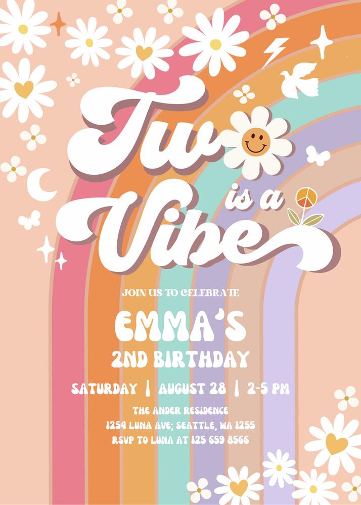 Editable 2nd Groovy Birthday Invite | Two is a Vibe Daisy Template