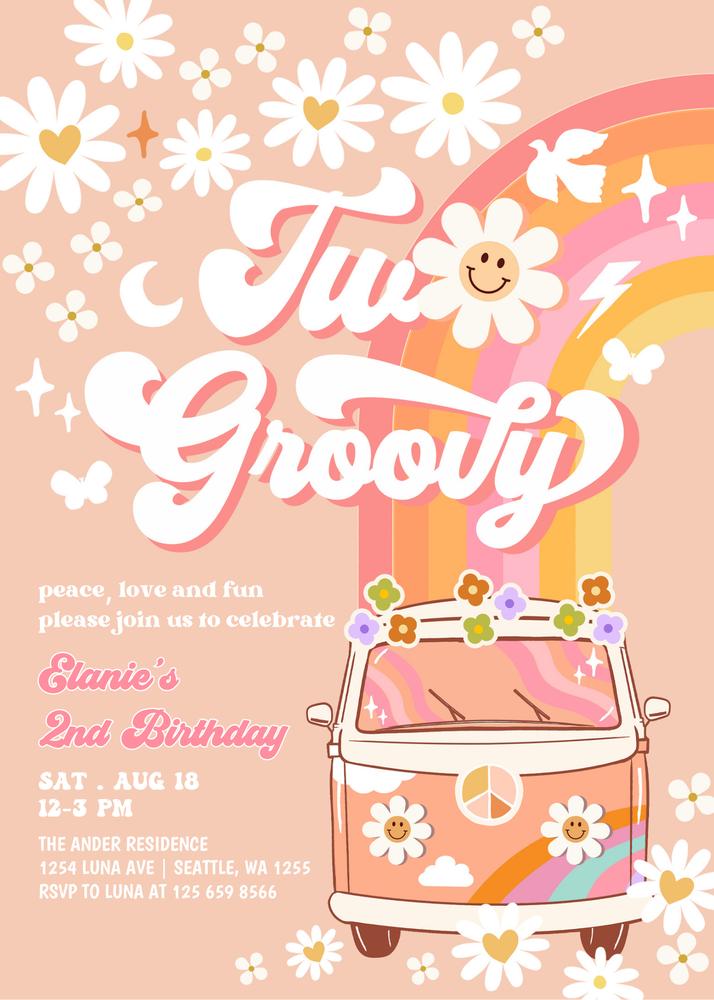 Editable Two Groovy 2nd Birthday Invitation, Pink Peach Daisy Hippie Canva