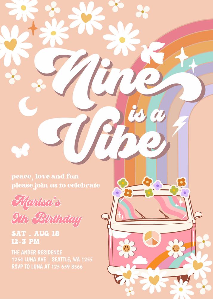 Groovy 9th Birthday Invite | Pink Daisy Hippie Rainbow Canva Template