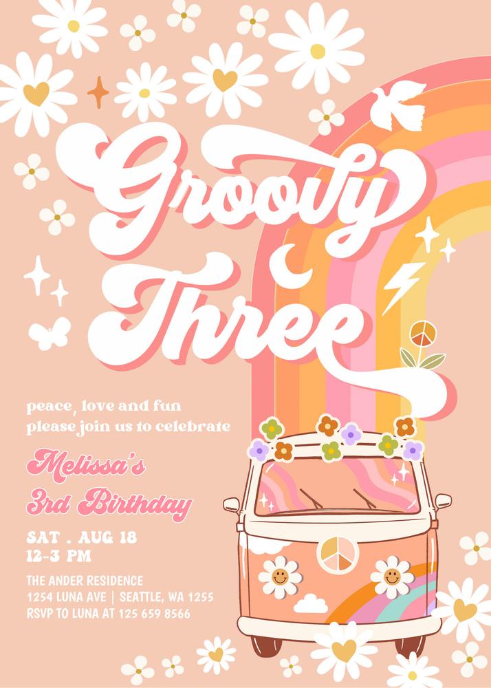 Editable Pink Groovy 3rd Birthday Invitation, Daisy Retro Van Rainbow Template