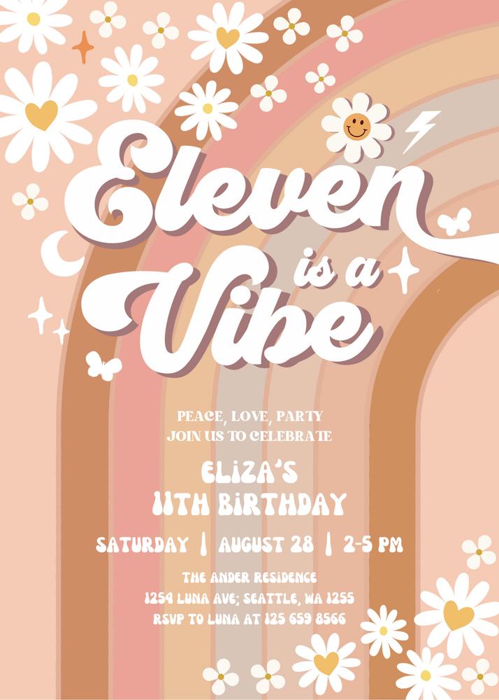 11th Birthday Vibe Invite | Retro Hippie Daisy Rainbow Canva Template