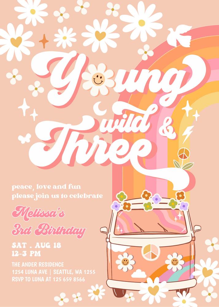 Young Wild and Three Birthday Invitation | Editable Groovy Hippie Canva Template