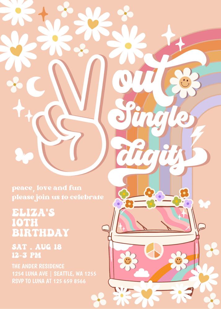 Groovy Pink Van 10th Birthday Invite | Peace Out Single Digits Canva Template