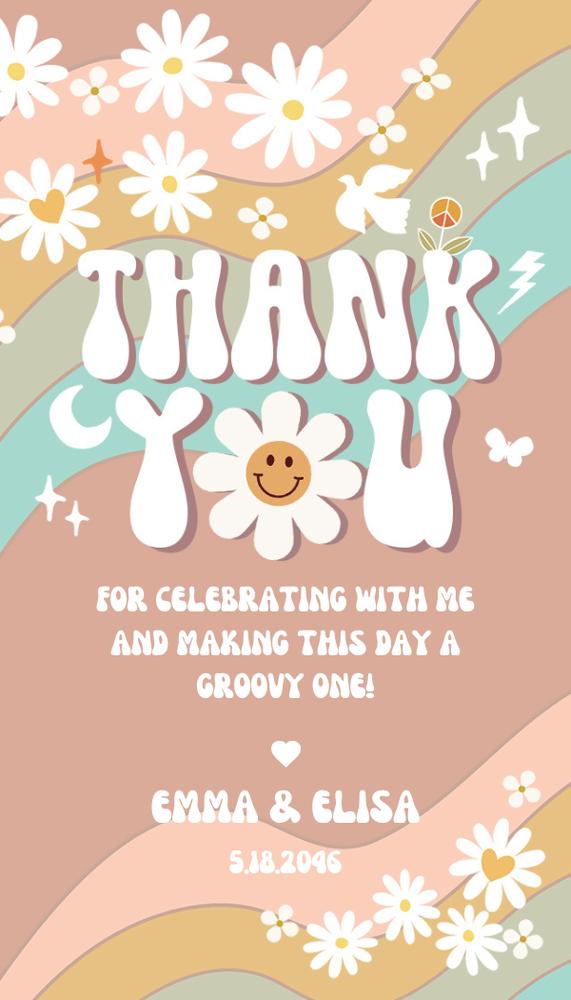 Daisy Rainbow Two Groovy Birthday Thank You Tags - Editable Canva Template
