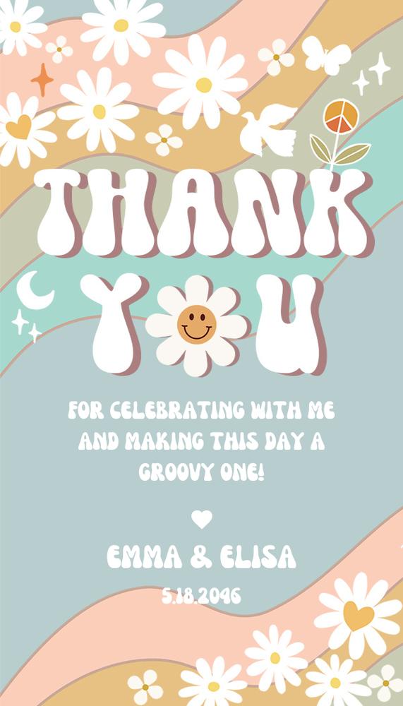 Daisy Rainbow Groovy TWO Birthday Favor Tag & Invitation Canva Template
