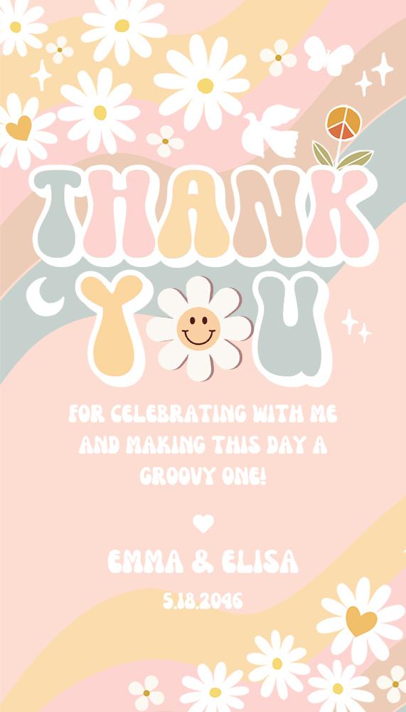 Two Groovy Daisy Rainbow Birthday Favor Tag & Invitation Canva Template
