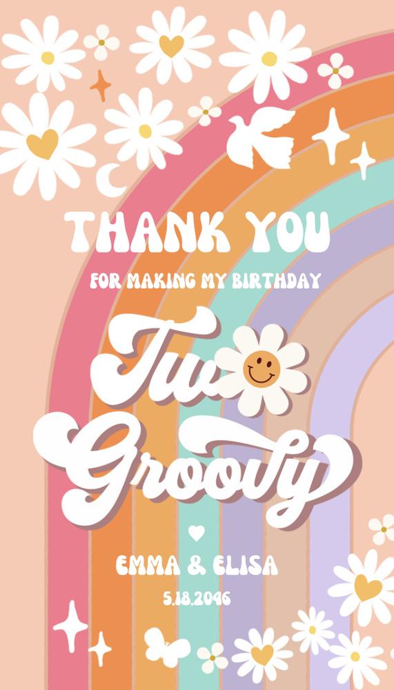 Two Groovy Birthday Thank You Tags | Editable Daisy Rainbow Canva Template