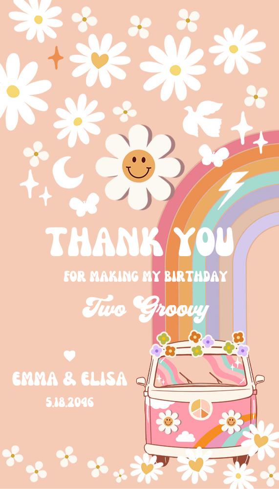 Editable Groovy Pink Van Birthday Favor Tag, Retro Daisy Hippie Thank You Label