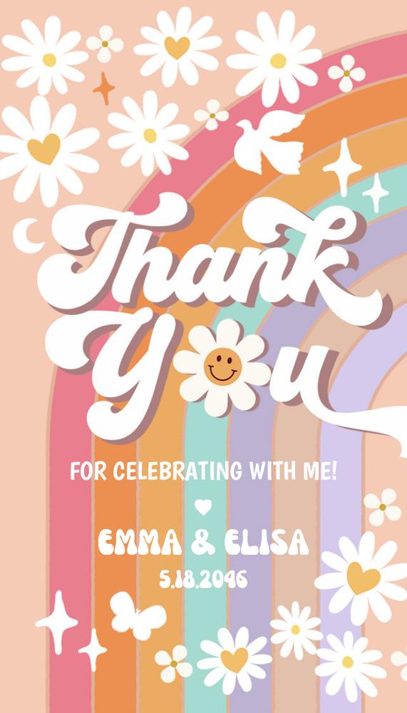 Groovy Daisy Rainbow Birthday Thank You Tags & Invite | Editable Canva Template