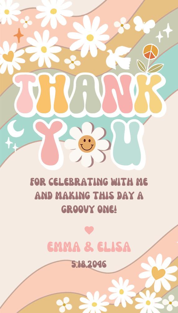 Groovy Daisy Rainbow Birthday Favor Tag & Invite | Editable Canva Template