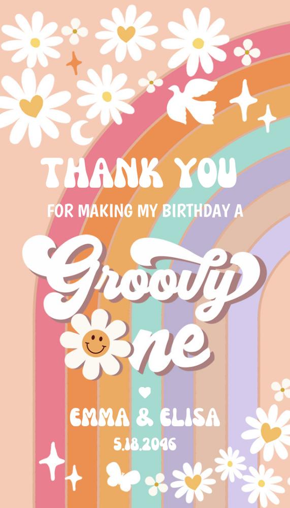 Groovy ONE Birthday Favor Tag, Daisy Rainbow Editable Canva Label
