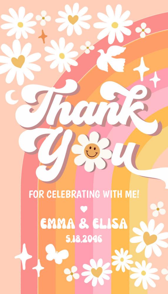 Daisy Groovy One Birthday Favor Tag & Invitation | Pink & Peach Canva Template