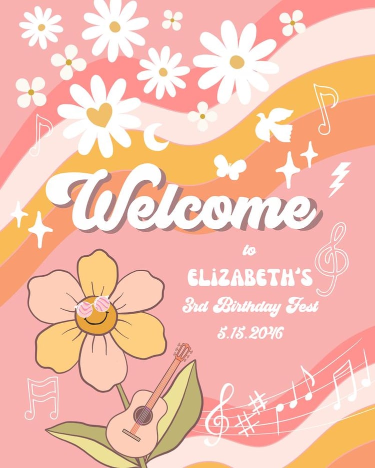 Groovy Music Fest Birthday Welcome Sign | Pink Peach Daisy Canva Template