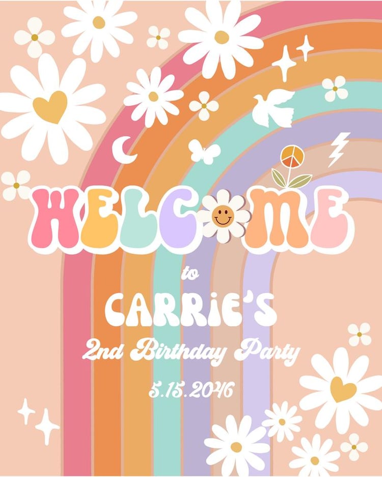 Editable Groovy Birthday Welcome Sign | Daisy Retro Rainbow Party Poster