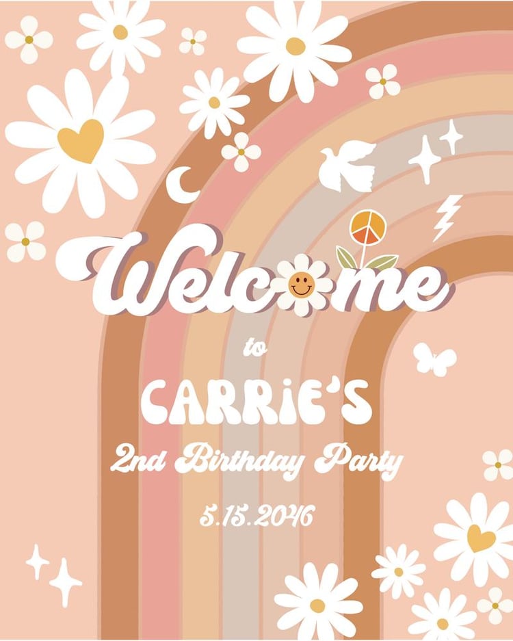 Editable Groovy Birthday Welcome Sign Template | Daisy Rainbow Earthy Beige