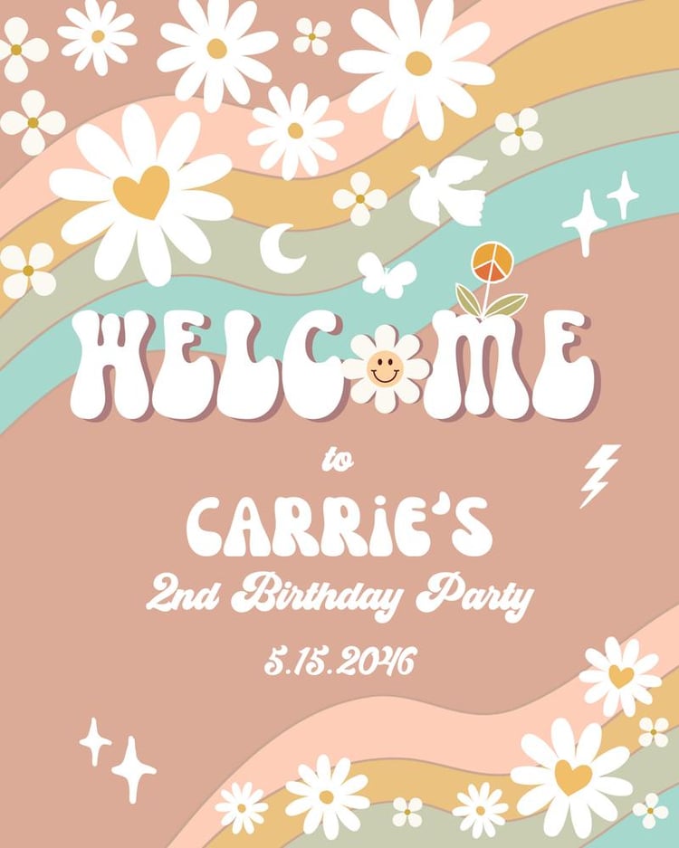 Groovy Daisy Rainbow Birthday Welcome Sign | Any Age Canva Template