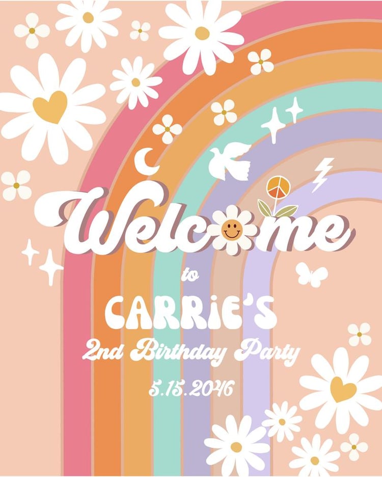 Editable Groovy Birthday Welcome Sign | Daisy & Rainbow Canva Template