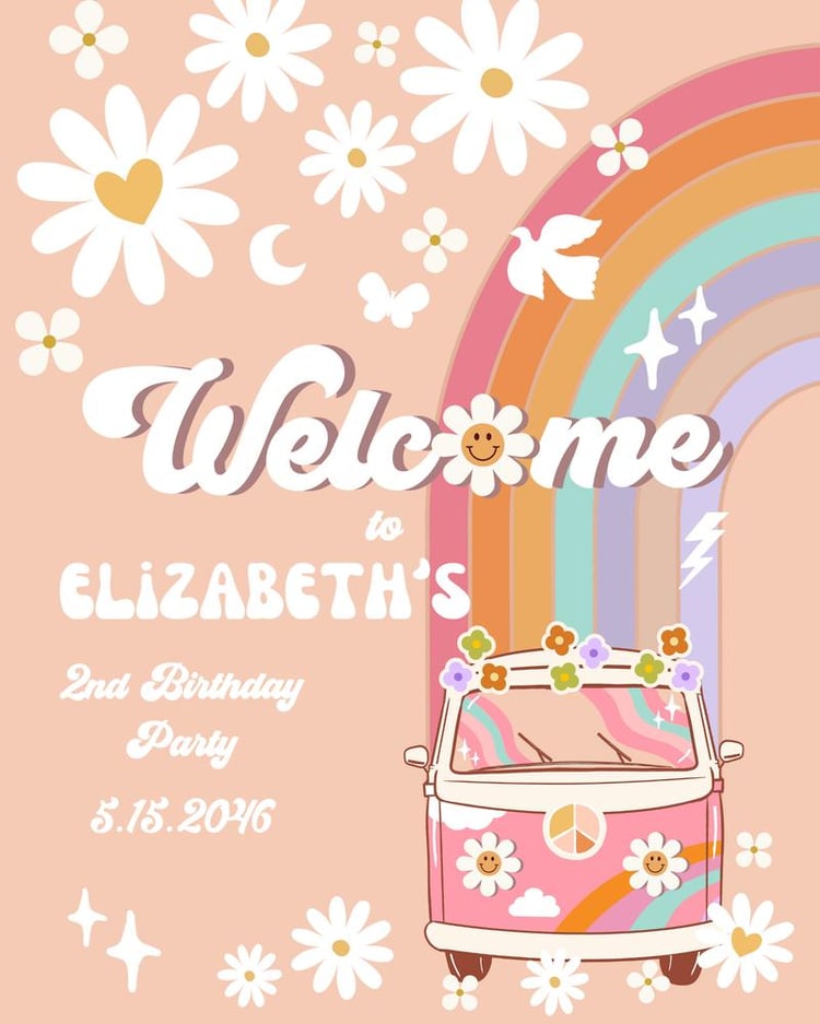 Editable Groovy Pink Van Birthday Welcome Sign - Retro Daisy & Rainbow Decor