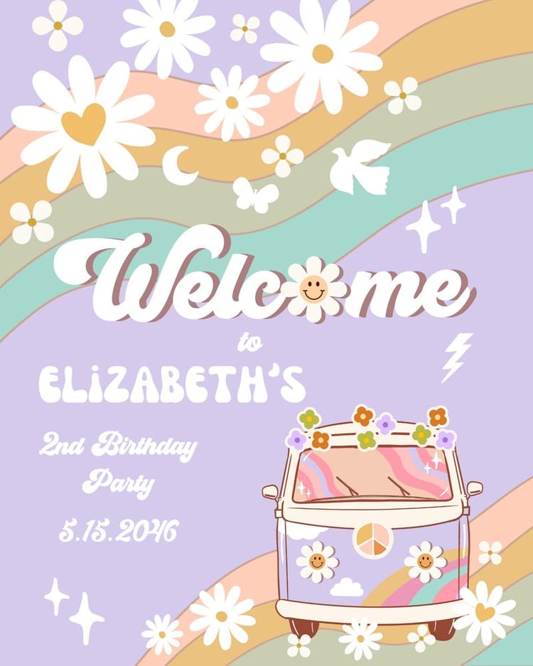 Editable Groovy Van Birthday Welcome Sign - Purple Pink Mint Daisy Any Age
