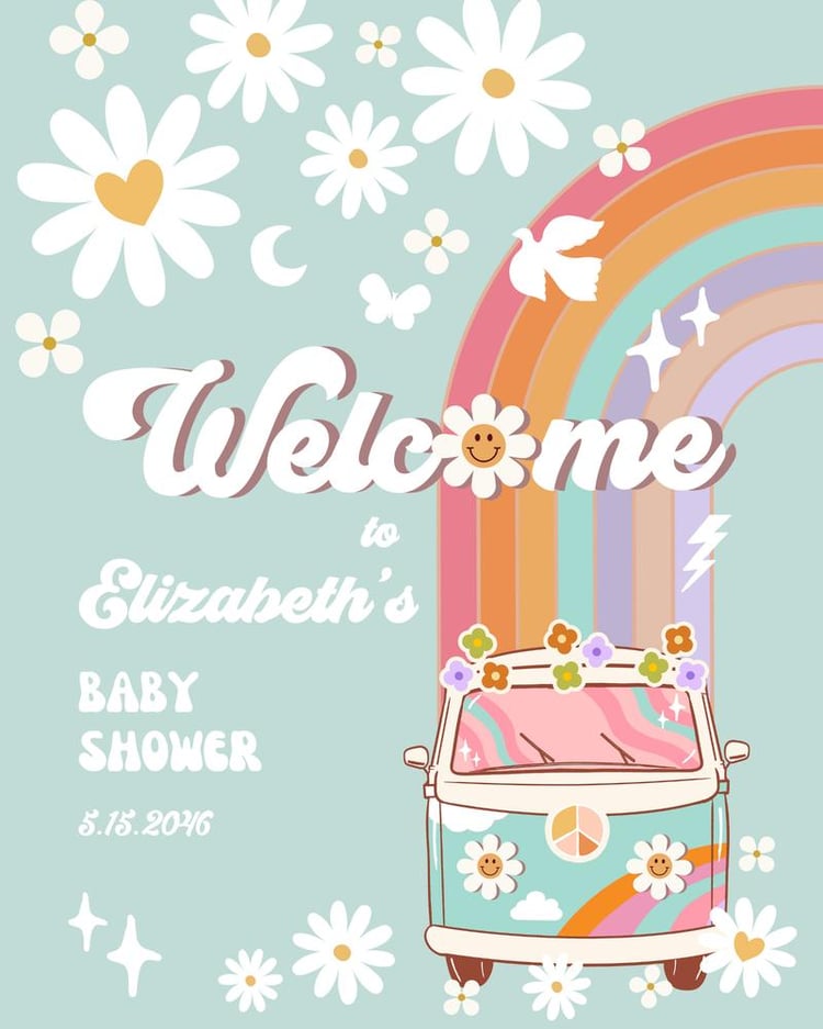 Groovy Van Birthday Welcome Sign | Editable Retro Daisy Rainbow Poster