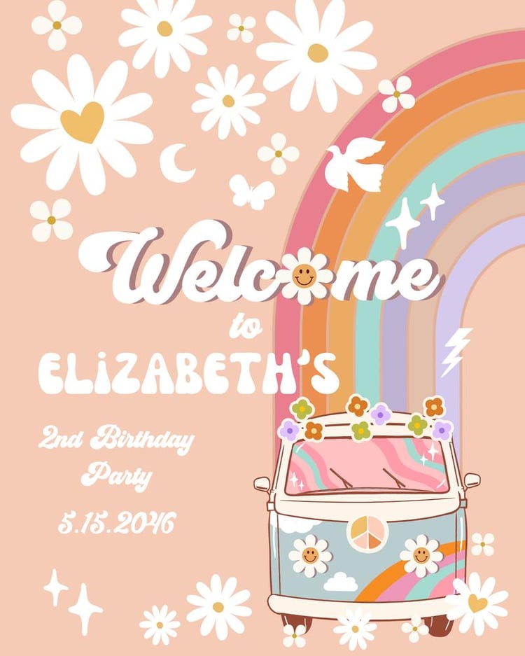 Editable Groovy Van Birthday Welcome Sign | Blue Daisy Rainbow Retro Poster