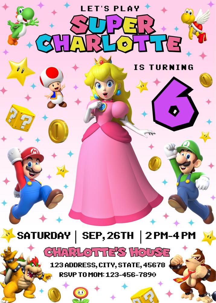 Princess Peach & Mario Birthday Invitation | Editable Canva Template