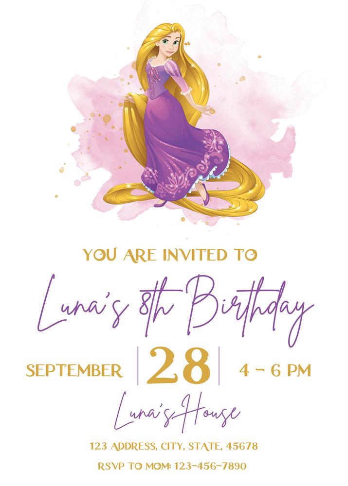 Editable Rapunzel Birthday Invitation Template | Purple Princess Party Invite