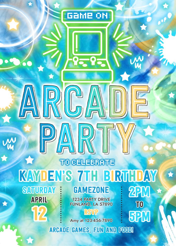 Neon Arcade Birthday Video Invitation - Retro Glow Gaming Party Canva Template