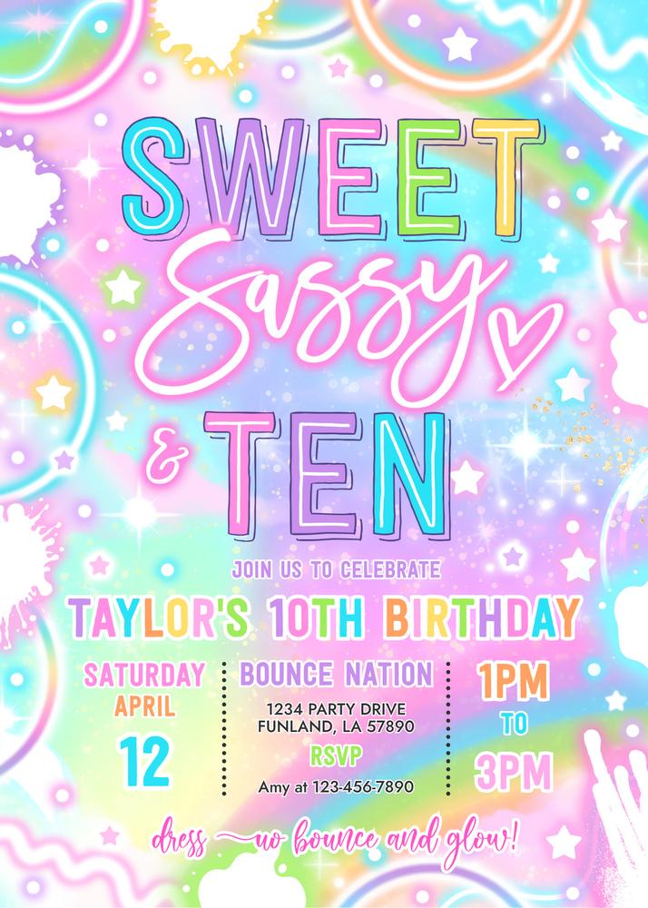 Neon Glow Sweet Sassy and Ten 10th Birthday Invitation Canva Template