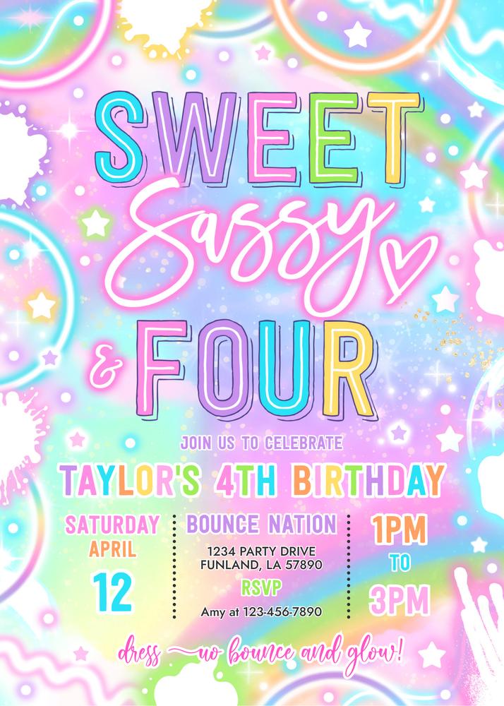 Neon Glow 4th Birthday Invitation | Sweet Sassy and Four Canva Template