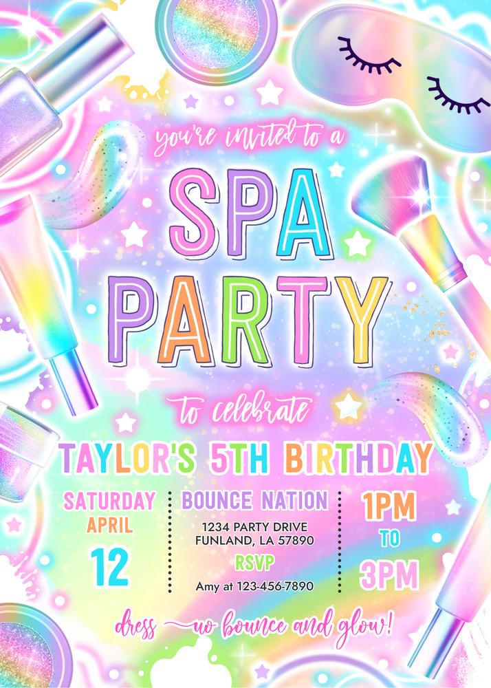 Neon Glow Spa & Makeup Birthday Invitation | Editable Canva Template