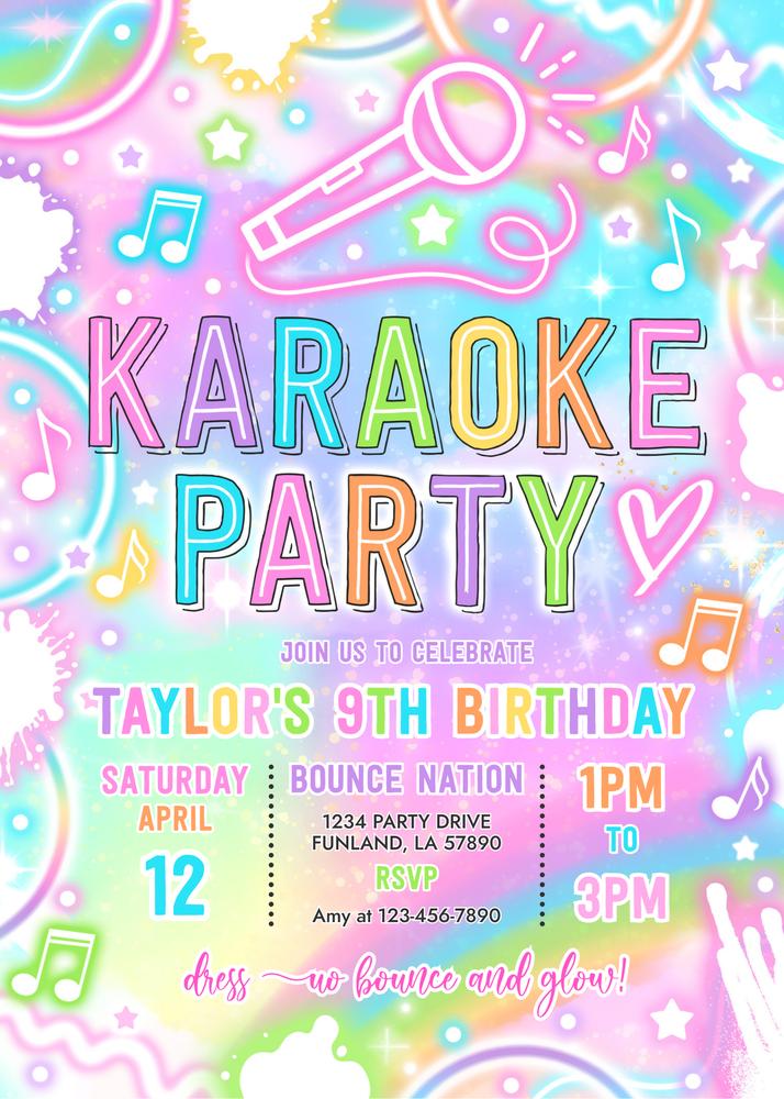 Neon Glow Tie Dye Karaoke Birthday Invitation - Editable Canva Template