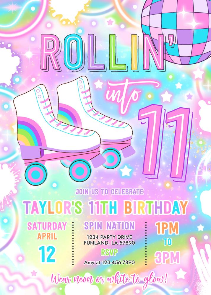 Neon Roller Skating 11th Birthday Invitation | Glow Party Canva Template