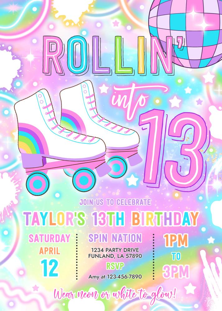 Neon Roller Skating 13th Birthday Invitation | Glow Party Canva Template