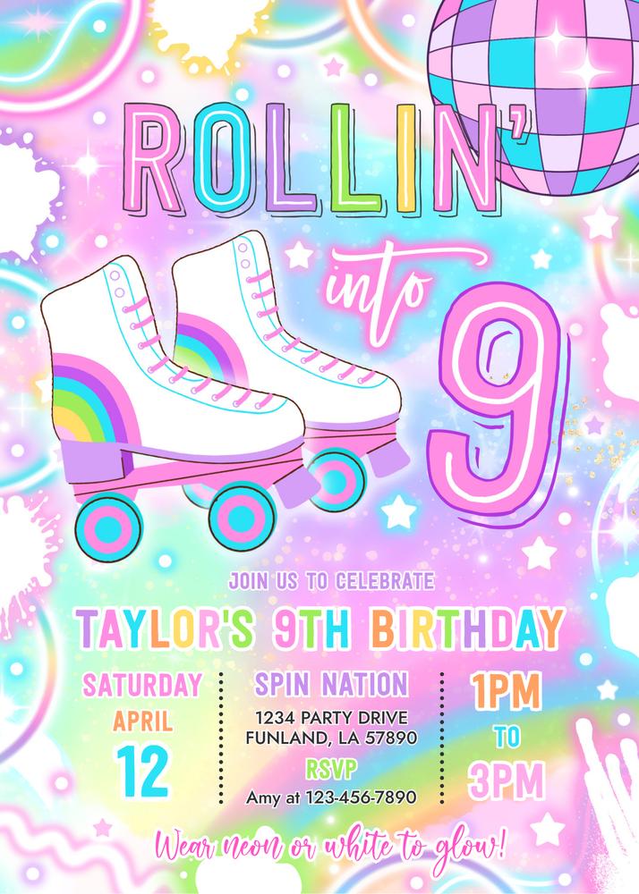 Neon Glow Roller Skating 9th Birthday Invitation | Editable Canva Template