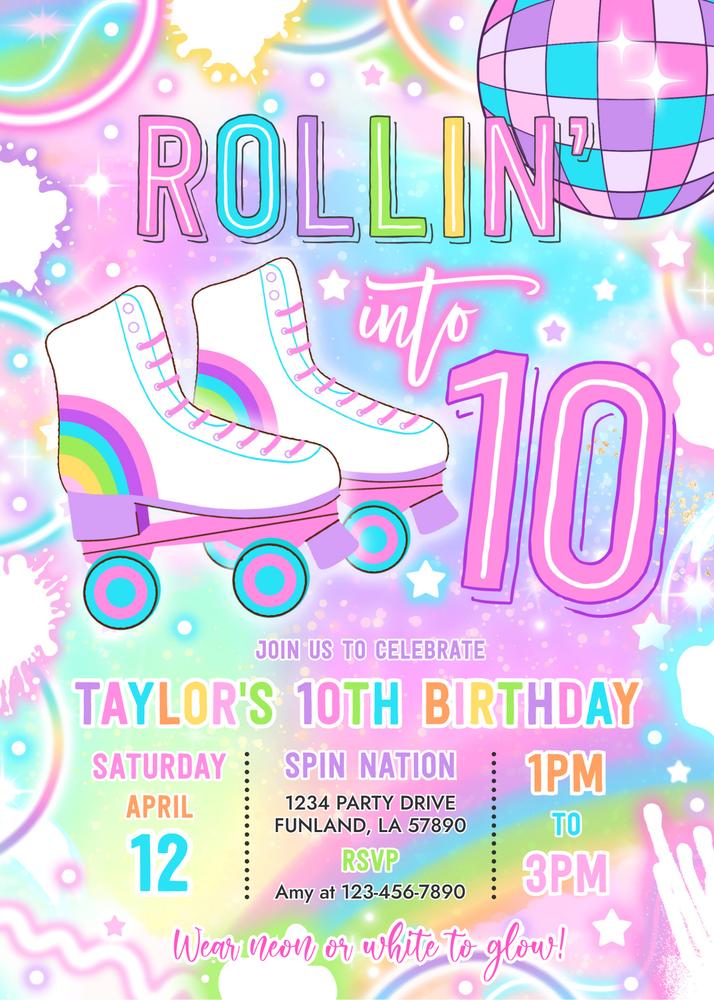 Neon Roller Skating 10th Birthday Invitation | Glow Party Canva Template