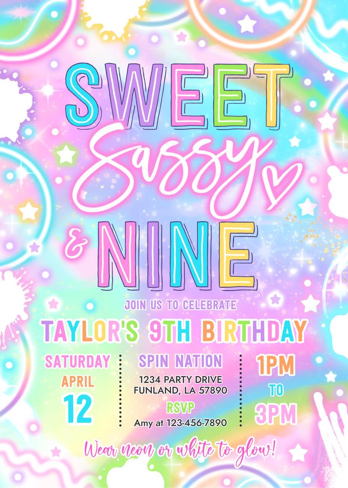 Sweet Sassy and Nine Neon Glow 9th Birthday Invitation Canva Template