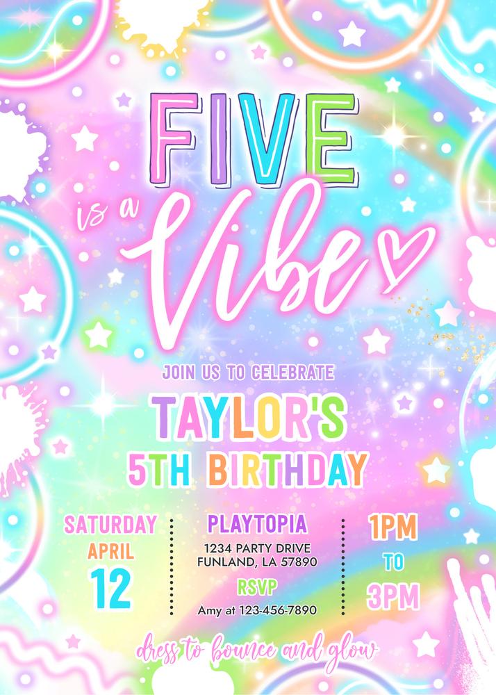 Five is a Vibe Neon Glow 5th Birthday Invitation | Editable Canva Template