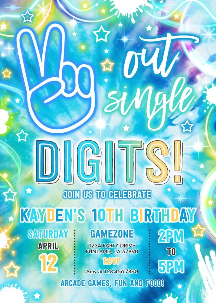 Neon Glow Peace Out Single Digits Birthday Invitation | Editable Canva Template