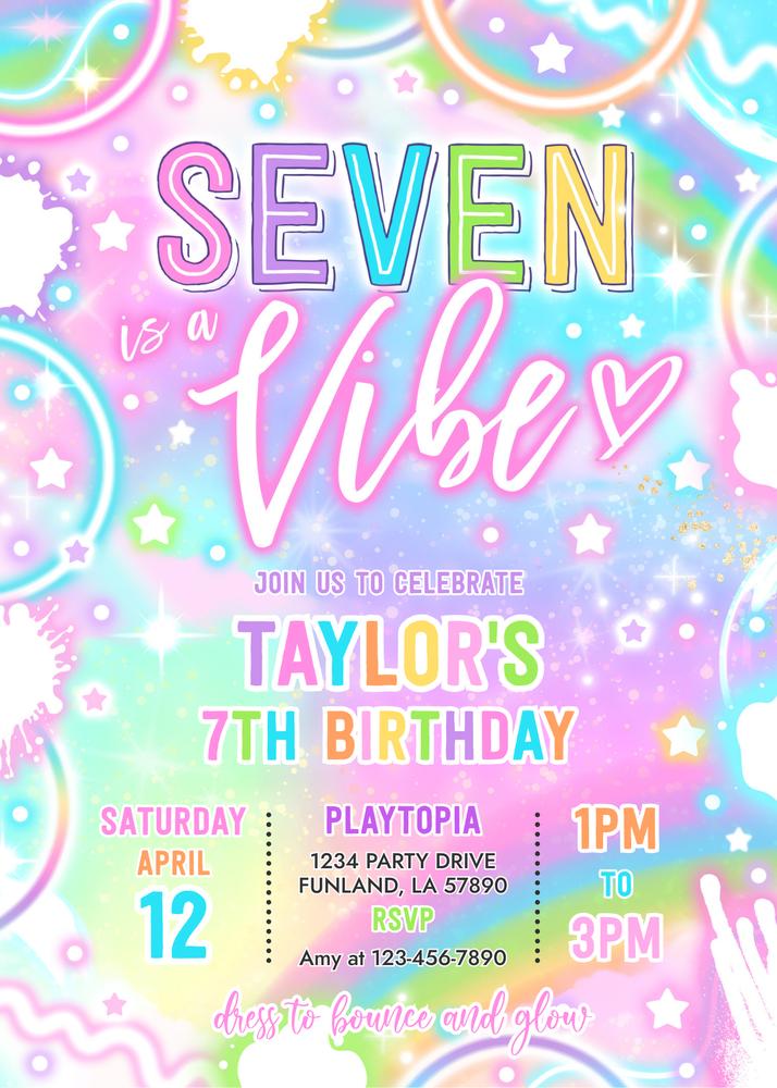 Seven Is A Vibe Neon Glow 7th Birthday Invitation | Editable Canva Template
