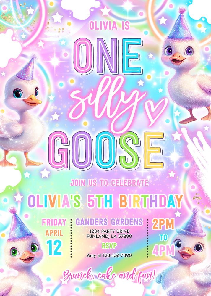 Neon Glow One Silly Goose 1st Birthday Invitation - Editable Canva Template