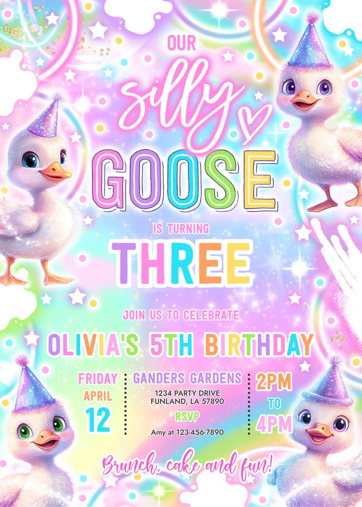 Neon Pastel Glow Silly Goose Birthday Party Invitation - Canva Template