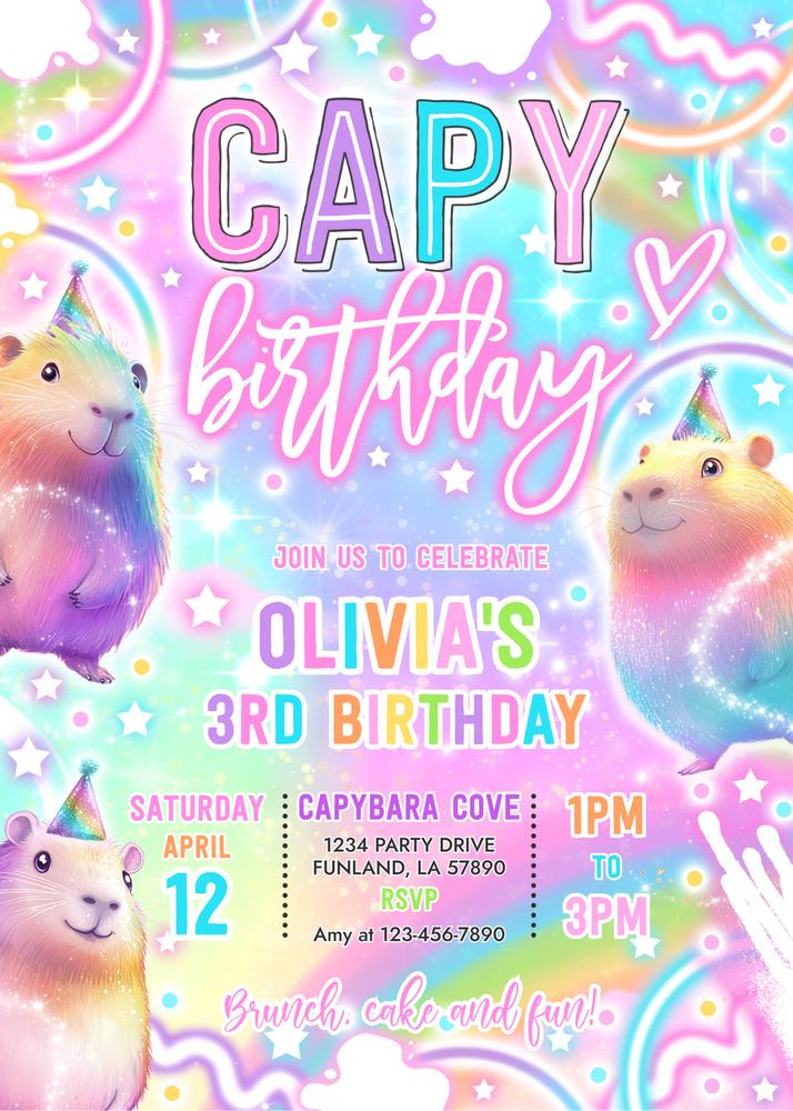 Neon Pastel Capybara Birthday Invitation | Editable Canva Template DIY