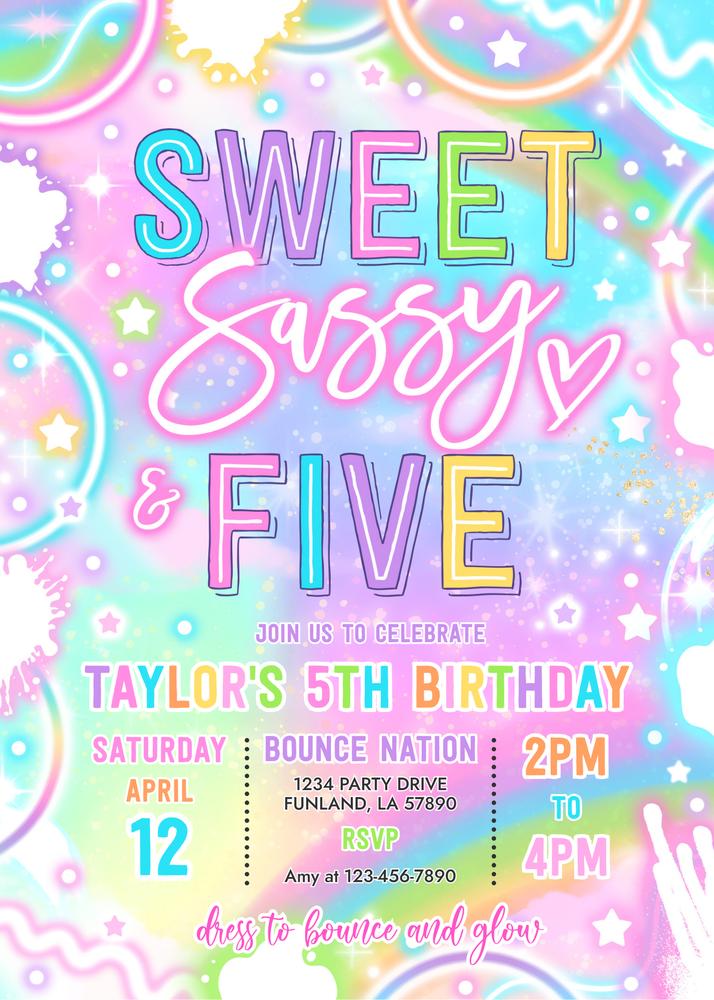 Neon Glow Sweet Sassy and Five Birthday Invitation | Editable Canva Template