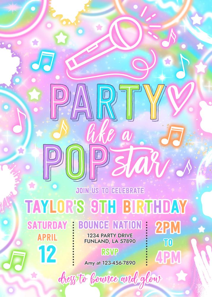 Neon Glow Popstar Birthday Invitation | Editable Canva Template
