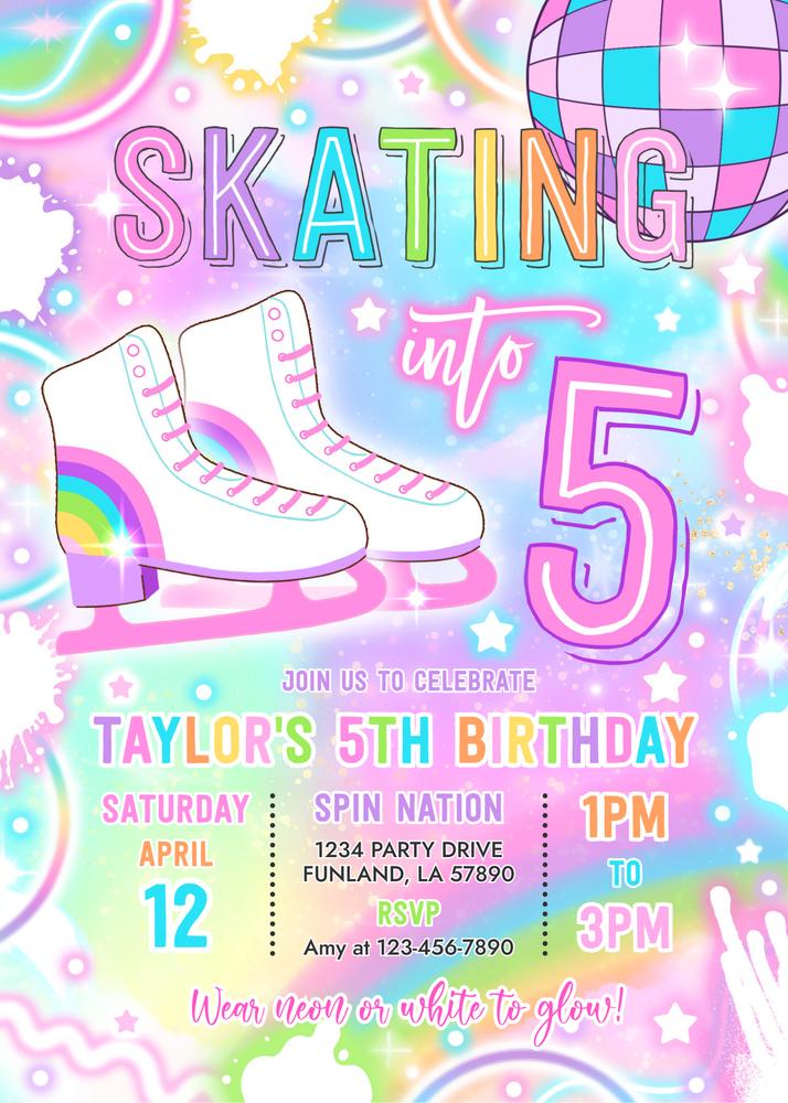 Neon Glow Ice Skating 5th Birthday Invitation - Editable Canva Template