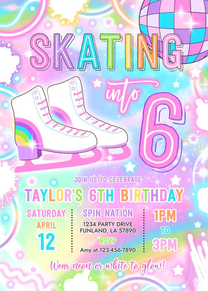 Neon Glow Ice Skating 6th Birthday Invitation | Skatin Into Six Canva Template