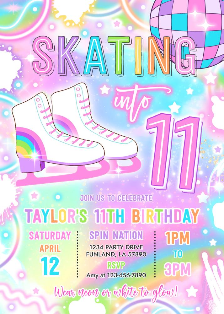 Neon Glow Ice Skating 11th Birthday Invitation | Skatin Into Eleven Canva
